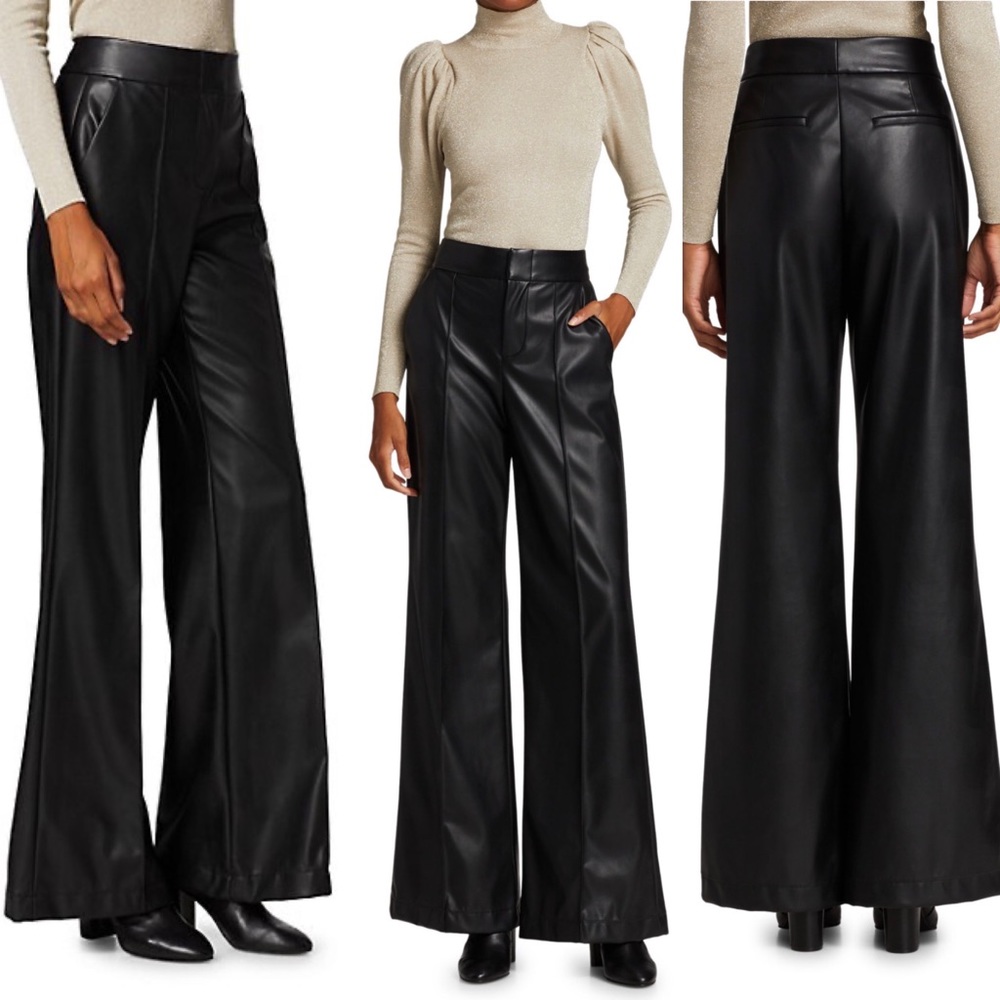 $295 ALICE + OLIVIA DYLAN VEGAN LEATHER BLACK FLARE PANTS 6 FAUX LEATHER
